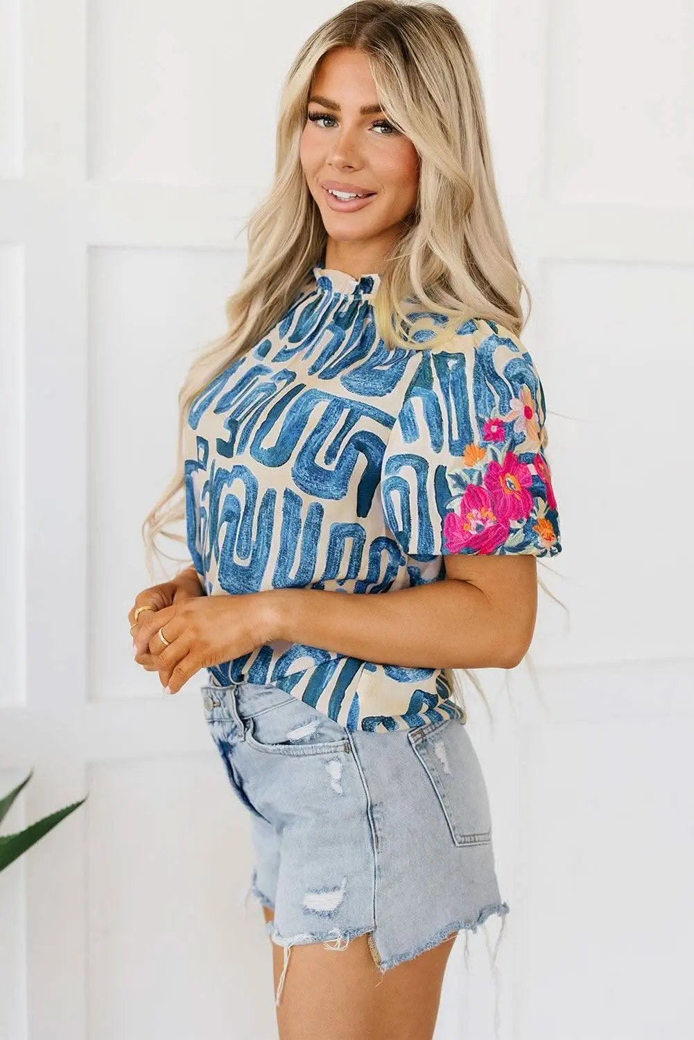 Beige Embroidered Puff Sleeve Frilled Neck Printed Top - Love Salve